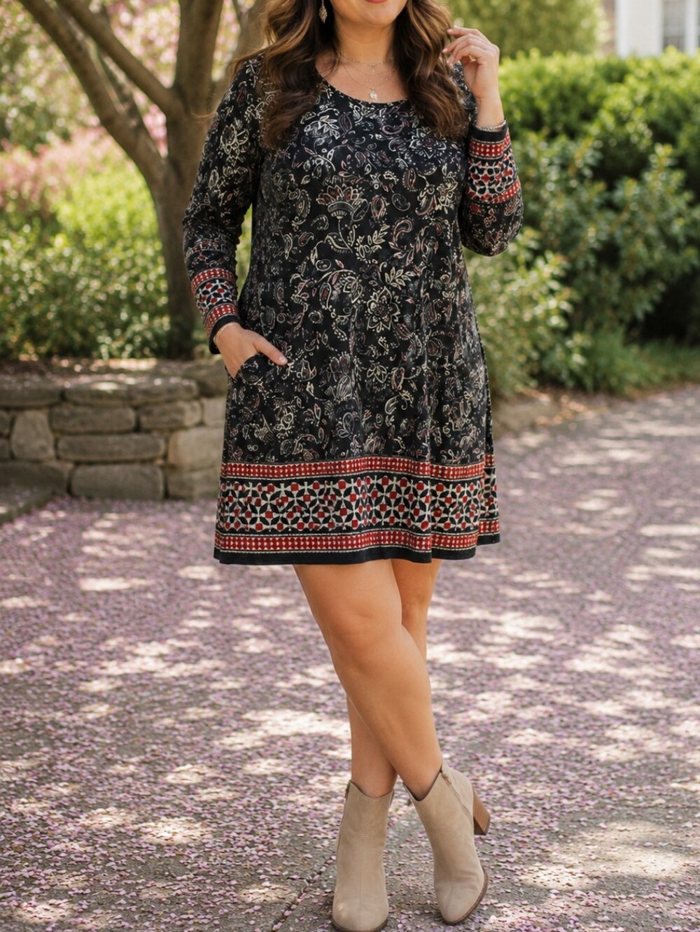 Papillon Blanc Black Floral Border-Print Long Sleeve Knit Dress NWT Boho Paisley